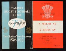 1955 Welsh XV v Lions XV rugby programme - 75th Welsh Rugby Union Anniversary played at Cardiff Arms
