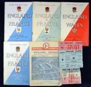 4x 1950s England vs France rugby programmes and tickets to incl '49 ticket, '51 c/w ticket (both a