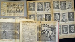 A collection of old football scrapbooks containing newspaper match reports, action photographs, team