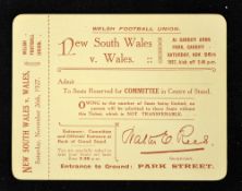 1927 Wales v New South Wales Waratahs rugby match ticket - gilt edged ticket c/w perforated stub -