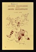 Scarce 1949 France Army versus British Army rugby dinner menu - with an amusing rugby scene to the