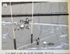 Original rugby mixed media cartoon by Gren - depicting a pitch inspection with 3 players balancing