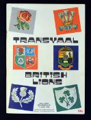 1974 British Lions v Transvaal rugby programme - played on 15th June  with Lions winning 23-15 -