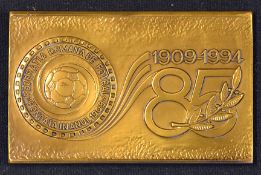 A bronze rectangular award given by the Federation Romana de Futbol on the occasion of the 85th