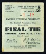 Ticket for 1935 FA Cup Final West Bromwich Albion v Sheffield Wednesday. Slight creasing