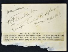 HM Locke England and Birkenhead rugby player signed album page - c/w typed label which reads "Mr H.M