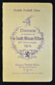Rare 1912 Scotland v South Africa rugby dinner menu held at The Royal Arch Hall, 75 Queen Street