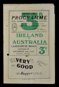 1947 Ireland v Australia rugby programme - played at Lansdowne Road on Saturday 6th December,