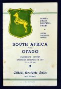 1937 South Africa v Otago rugby programme - played at Carisbrook Ground on Saturday 11th September