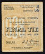 Ticket for 1938 FA Cup Final Preston North End v Huddersfield Town. Handling wear
