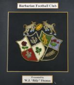 Rare Barbarians Rugby Team blazer crest presented to W J Thomas - silver braid and embroidered crest