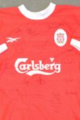 Signed 1998-2000 Liverpool home football shirt signed by the team such as Babb, Berger, Carragher,