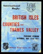 1971 British Lions v Counties and Thames Valley rugby programme - played on the 22nd May with the