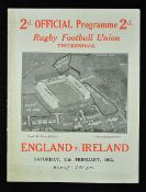 1933 England v Ireland rugby programme - played on Saturday 11th February being England's only