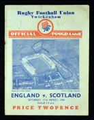 1934 England (Grand Slam Champions) v Scotland rugby programme - played on Saturday 17th March