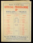 1930 England (Champions) v France rugby programme - played on Saturday 20th February with England