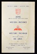 1962 British Lions v Western Province Rugby programme - played out Newlands Cape Town on Saturday