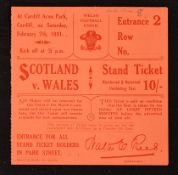 1931 Wales (Champions) vs Scotland rugby match ticket played at Cardiff Arms Park on Saturday