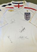 Signed 2007-09 England home football shirt signed by Wayne Rooney, David Beckham, Gary Neville and