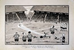 Original rugby pen and ink signed sketch by Bryant - c/w legend below inscribed "Wonder if he will