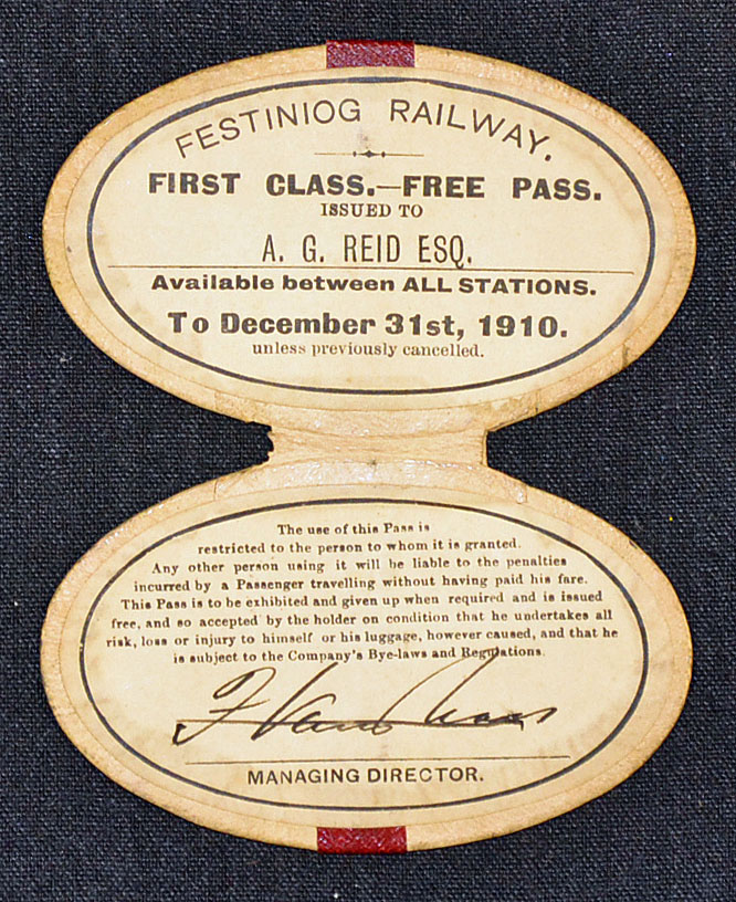 Railway Festiniog Railway 1910 First Class Free Pass issued to A.G. Reid who was probably an - Image 2 of 2