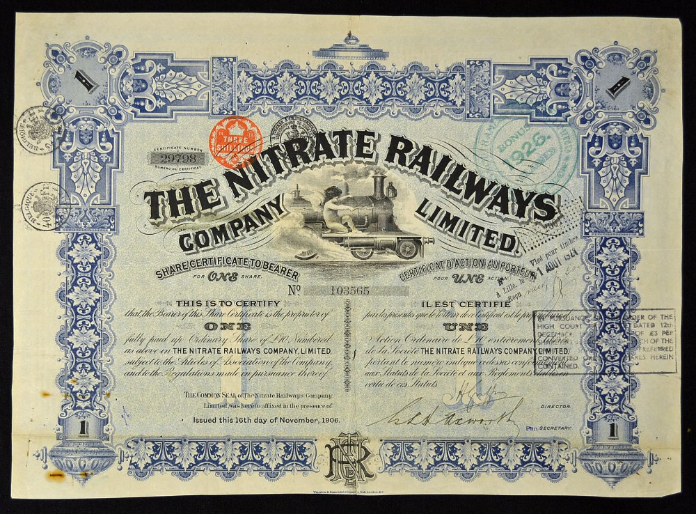 Chile Share Certificate The Nitrate Railways Company Ltd 1906 (British Company in Chile) Bearer