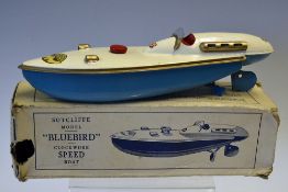 Sutcliffe 'Bluebird' Clockwork Speed Boat complete with original box and key in working order,