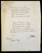 John Roby 1793-1850 Unpublished poem of nine stanzas in Roby's own hand, signed and inscribed '