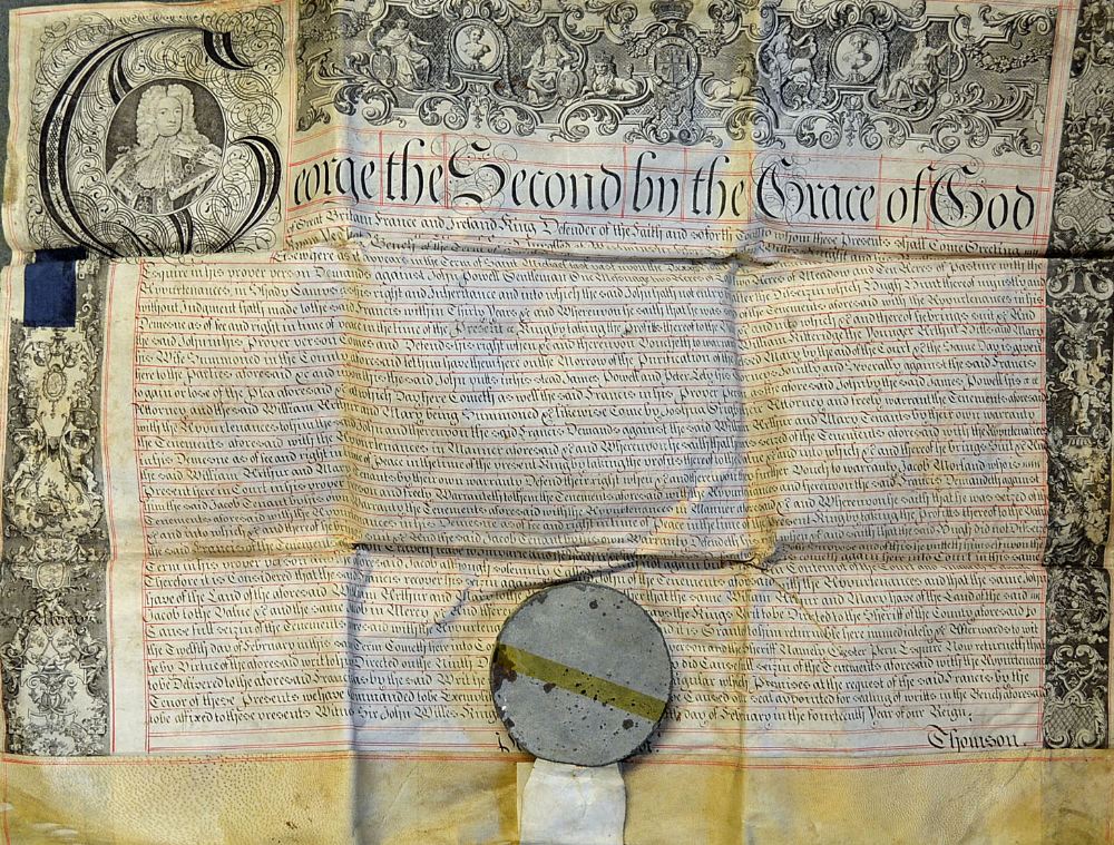 George II Recovery Deed Document c1740 Cambridgeshire with ornate portrait, capital letter and