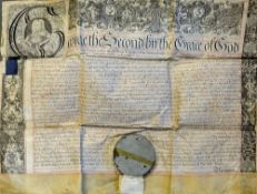 George II Recovery Deed Document c1740 Cambridgeshire with ornate portrait, capital letter and
