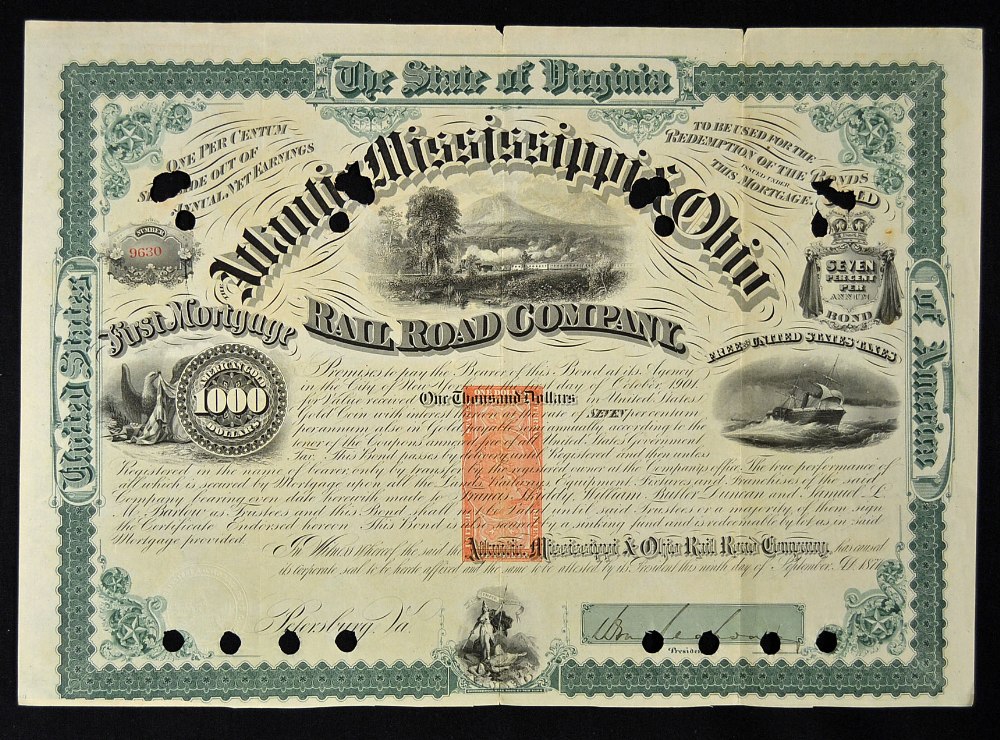 America Share Certificate Atlantic, Mississippi & Ohio Railroad Company 1871 7% GOLD LOAN. Bearer