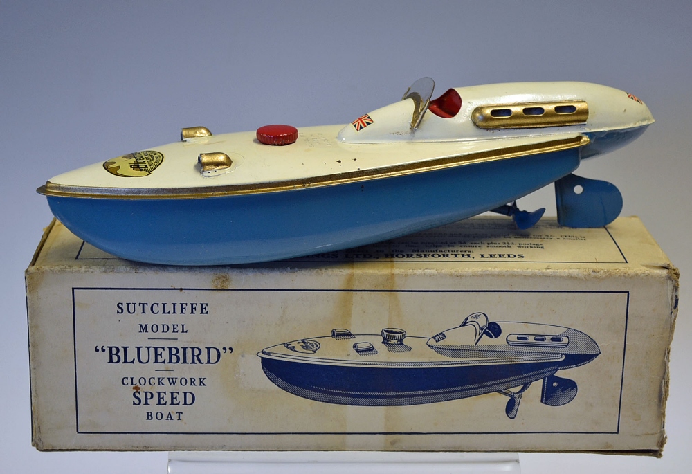 Sutcliffe 'Bluebird' Clockwork Speed Boat complete with original box and key in working order, - Image 2 of 2
