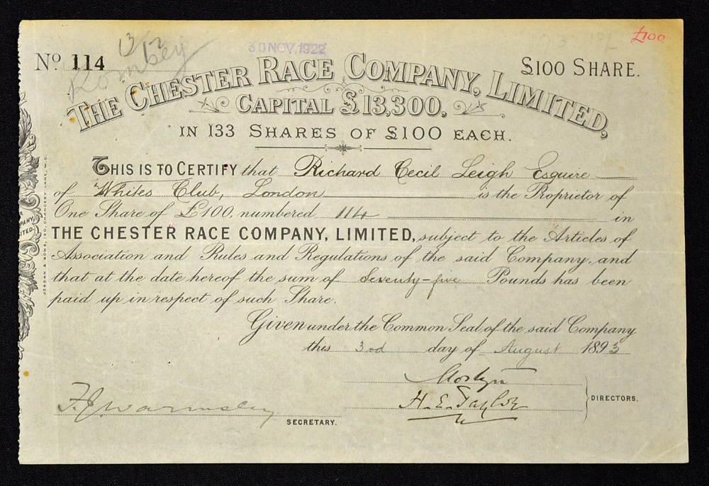 Great Britain Share Certificate The Chester Race Company 1893 (Horse Racing). Certificate for 114