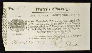 Kent, Rochester Watt's Charity Ticket 1853 Printed Ticket with Coat of Arms for one nights lodging