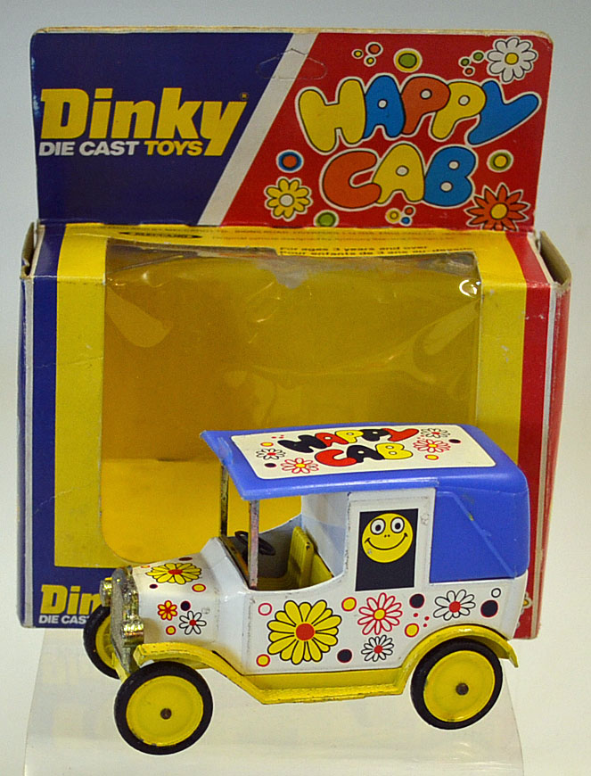 Dinky No.120 "Happy Cab" white body, blue roof and back, yellow chassis and interior - good Plus