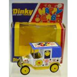 Dinky No.120 "Happy Cab" white body, blue roof and back, yellow chassis and interior - good Plus