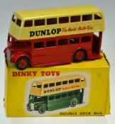 Dinky No.290 Double Deck Bus - cream over red lower body, ridged hubs "Dunlop" in upright text to