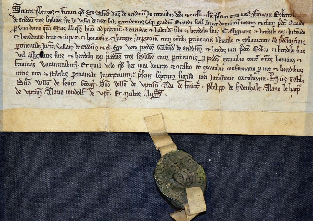 Shropshire c1240 Deed of Gift in relation to Criddon, Bridgnorth, with an intact black seal