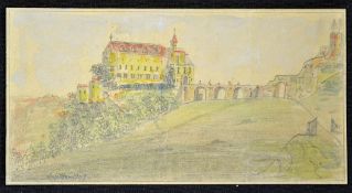 Adolf Hitler attributed watercolour drawing dated 1909 a vignette of a hill top castle with bridge