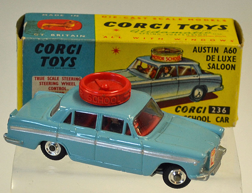 Corgi No.236 Austin A60 De Luxe Saloon "Motor School" Car - pale blue, red interior and roof disc,