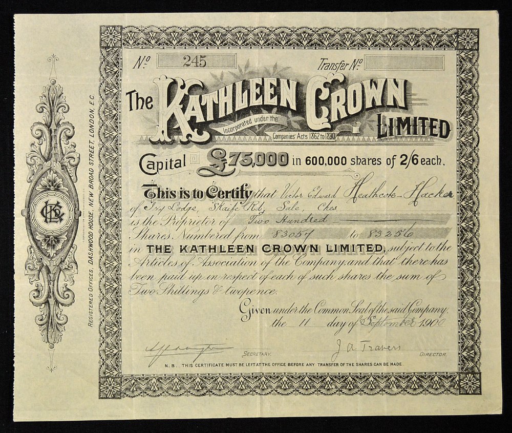 New Zealand Share Certificate The Kathleen Crown Limited 1900 (Mines at Coromandel on the Hauraki