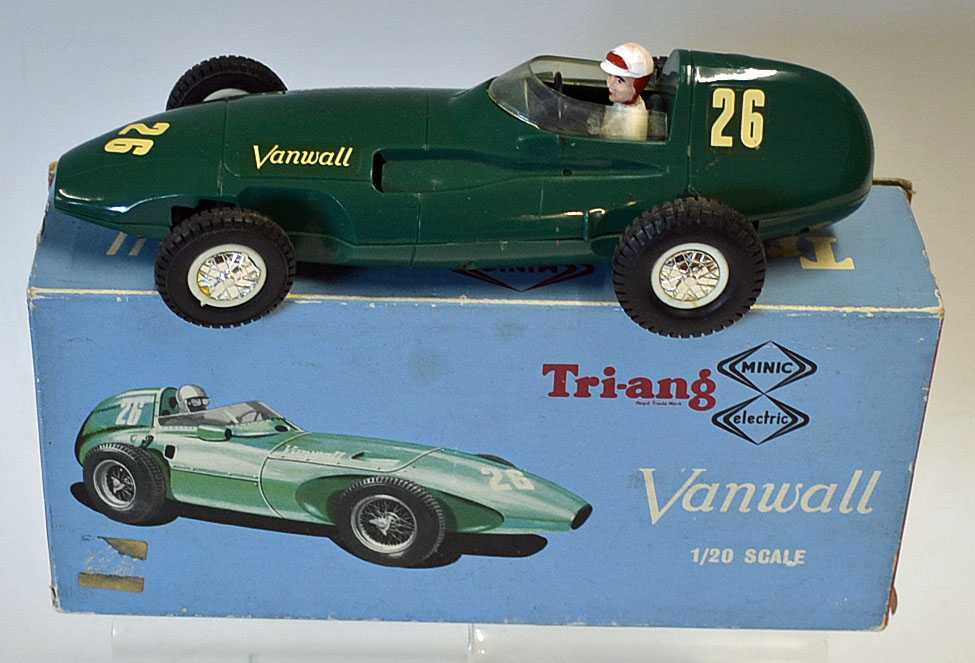 Triang Minic electric 1:20 scale M012 Vanwall racing car having green plastic body with driver,