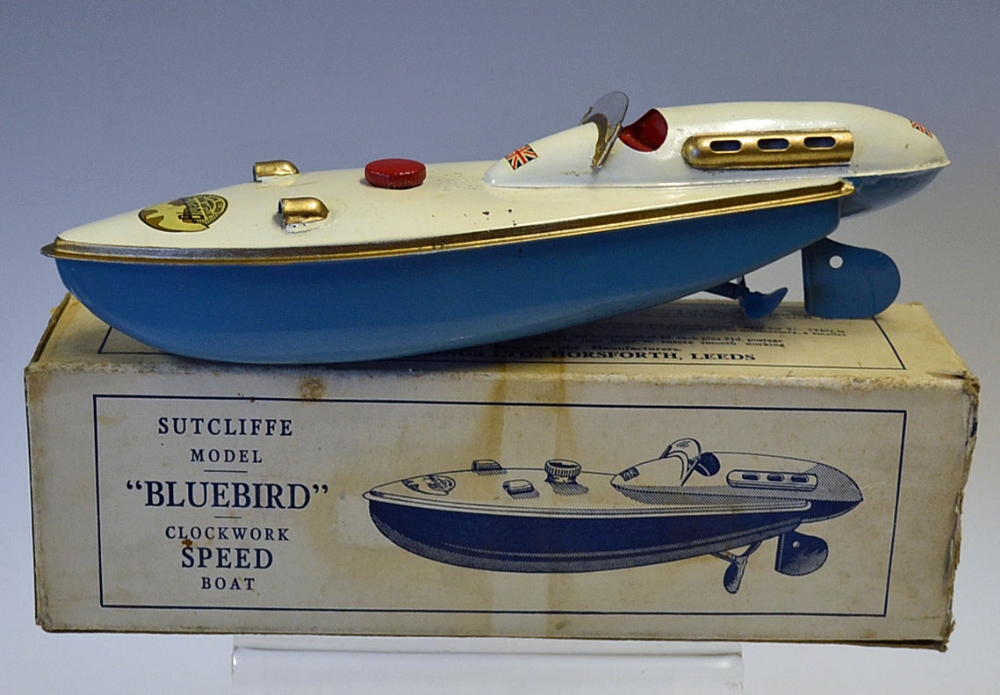 Sutcliffe 'Bluebird' Clockwork Speed Boat complete with original box and key in working order,
