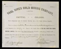 South Africa Republic Share Certificate The Vaal River Gold Mining Company Ltd 1887 certificate