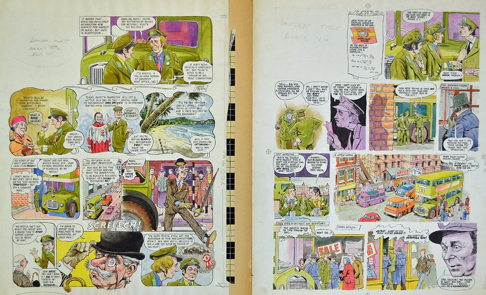 Original Comic Artwork Two pages of On The Buses original colour comic strip artwork by Harry