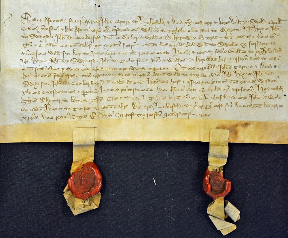 Shropshire 1370 Deed of Gift in relation to Criddon, Bridgnorth with 2 red wax seals on separate