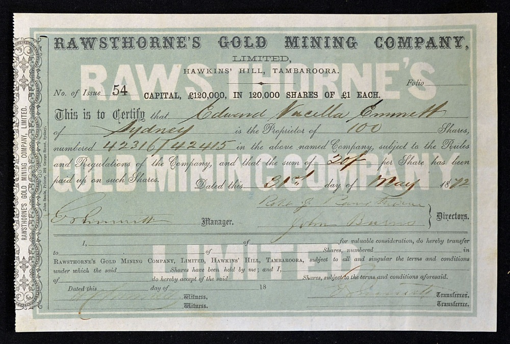 Australia Share Certificate Rawsthornes Gold Mining Company Limited 1872 (Hawkins Hill,
