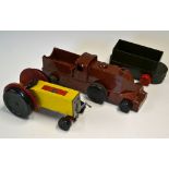 Chad Valley Bakelite train toy having brown body with black wheels together with a similar truck