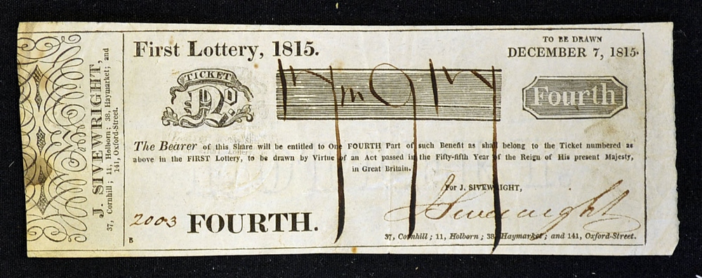 Monetary State Lottery Ticket 1815 a Fourth part of the chance issued by Lottery Agent named "