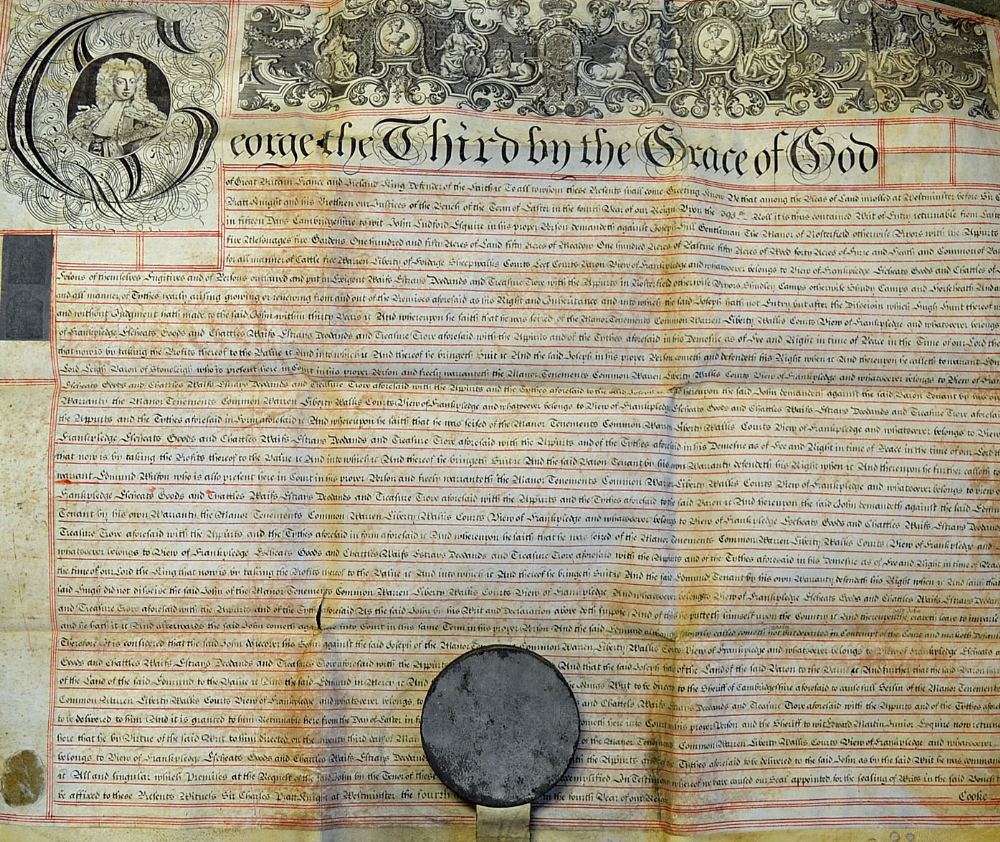 George III Recovery Deed Document c1760 Cambridgeshire with ornate portrait, capital letter and